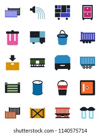 Color and black flat icon set - trash bin vector, checkroom, bucket, watering, railroad, truck trailer, cargo container, consolidated, package, oil barrel, archive box, water filter