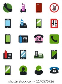 Color and black flat icon set - no mobile vector, phone, office, 24 hours, support, cell, radio, back, call, sim