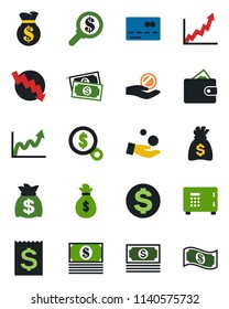 Color and black flat icon set - credit card vector, safe, dollar sign, money bag, crisis graph, cash, receipt, wallet, growth, search, investment