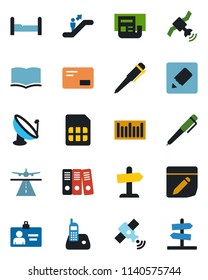 Color and black flat icon set - runway vector, escalator, identity card, book, pen, barcode, satellite antenna, radio phone, mail, sim, notes, news, paper binder, bedroom, guidepost