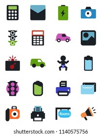 Color and black flat icon set - bomb in case vector, baby, camera, printer, traffic light, battery, gallery, mail, calculator, rooms, car, advertising