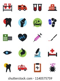Color and black flat icon set - heart pulse vector, syringe, blood test vial, microscope, pills, scalpel, ambulance car, hospital bed, stomach, caries, eye, joint, clipboard, virus