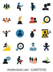 Color and black flat icon set - dispatcher vector, baby, speaking man, pedestal, team, doctor, pregnancy, speaker, group, user, hr, manager, career ladder, company, client search, with notebook