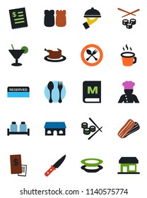 Color and black flat icon set - spoon and fork vector, coffee, cook, menu, reserved, cocktail, plates, bacon, waiter, salt pepper, cafe building, restaurant receipt, chicken, knife, sushi