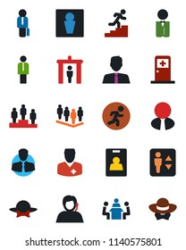 Color and black flat icon set - security gate vector, elevator, male, medical room, manager, pedestal, team, run, doctor, support, client, identity card, meeting, career ladder, estate agent, waiter