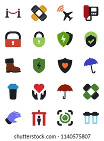 Color and black flat icon set - plane radar vector, fence, security gate, umbrella, lock, glove, boot, patch, heart shield, hand, protect, eye id, intercome, water filter