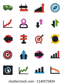 Color and black flat icon set - signpost vector, right arrow, left, growth statistic, navigation, sorting, data exchange, compass, update, bar graph, moving, target, up, crisis