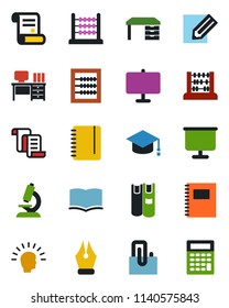 Color and black flat icon set - contract vector, book, graduate, abacus, desk, notepad, pencil, microscope, copybook, presentation board, paper clip, ink pen, shining head, calculator