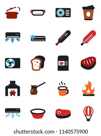 Color and black flat icon set - coffee machine vector, fire, thermometer, fireplace, air conditioner, bread, steak, hot dog, bowl, steaming pan, turkish, balloon