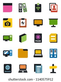 Color and black flat icon set - passport vector, office binder, notebook pc, document, pulse clipboard, monitor, folder, photo gallery, presentation board, blank box, pass card, guidepost