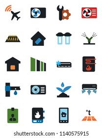 Color and black flat icon set - plane radar vector, identity card, drip irrigation, sorting, root setup, air conditioner, smart home, water heater, control app, filter, warm floor