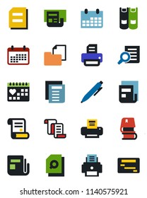 Color and black flat icon set - contract vector, book, document search, pen, calendar, printer, medical, folder, news, schedule
