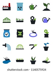 Color and black flat icon set - flower in pot vector, seedling, watering can, sproute, pruner, greenhouse, seeds, pond, fertilizer, factory, palm