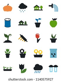 Color and black flat icon set - flower in pot vector, seedling, watering, sproute, rain, pumpkin, seeds, tulip, oil barrel, house with tree, rolling pin, apple fruit, water filter