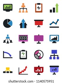 Color and black flat icon set - growth statistic vector, hierarchy, presentation board, circle chart, monitor pulse, clipboard, statistics, pie graph, point, arrow up, crisis