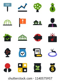 Color and black flat icon set - bomb in case vector, left arrow, contract, plant label, greenhouse, pond, fertilizer, important flag, application, point graph, house with tree, fruit, estate agent