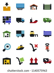Color and black flat icon set - sea shipping vector, truck trailer, car delivery, port, container, consolidated cargo, up side sign, no trolley, hook, warehouse, package, search, moving