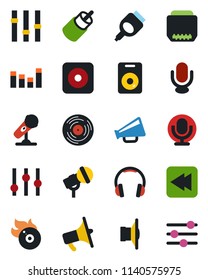 Color and black flat icon set - vinyl vector, flame disk, microphone, speaker, loudspeaker, settings, equalizer, headphones, rewind, rec button, rca, hdmi, tuning