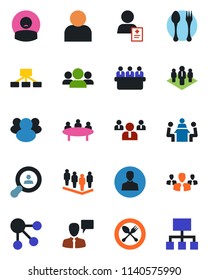 Color and black flat icon set - spoon and fork vector, speaking man, team, meeting, patient, group, user, company, client search, social media, hierarchy