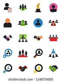 Color and black flat icon set - handshake vector, pedestal, team, patient, user, meeting, hierarchy, company, client search, consumer, group