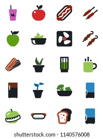 Color and black flat icon set - hot cup vector, seedling, diet, fridge, drink, phyto bar, salad, bacon, bread, kebab, dog, apple fruit, fan