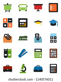 Color and black flat icon set - airport bus vector, checkroom, book, calculator, graduate, abacus, presentation board, microscope, case, paper clip, stapler