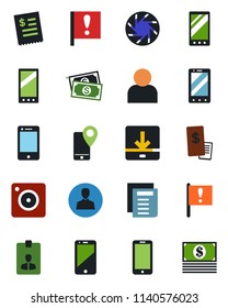 Color and black flat icon set - mobile phone vector, identity card, document, important flag, cash, tracking, cell, camera, user, download, restaurant receipt