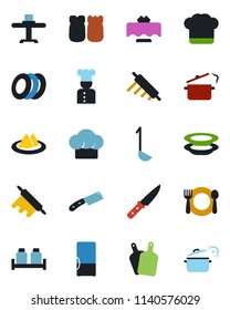 Color and black flat icon set - fridge vector, cook, restaurant table, serviette, cafe, hat, plates, salt and pepper, ladle, rolling pin, cutting board, knife, steaming pan