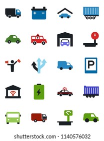 Color and black flat icon set - dispatcher vector, airport bus, parking, alarm car, ambulance, route, truck trailer, delivery, heavy scales, garage, gate control, battery