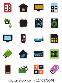 Color and black flat icon set - calculator vector, monitor, speaker, phone back, sim, washer, smart home, credit card, control, chip, remote, router, usb flash