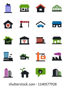 Color and black flat icon set - barrier vector, airport building, factory, greenhouse, store, house, with garage, office, sweet home, city, crane, cafe, eco, gate control, message, storefront