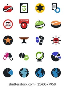 Color and black flat icon set - no laptop vector, globe, document reload, pills, diet, earth, pie graph, table, police, alarm led