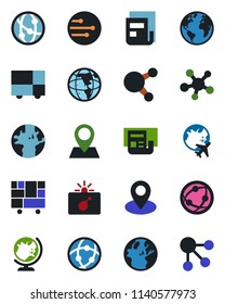 Color and black flat icon set - bomb in case vector, globe, plane, earth, pin, consolidated cargo, network, share, news, social media