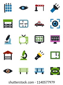 Color and black flat icon set - barrier vector, tv, alarm car, seat map, bench, monitor pulse, microscope, eye, torch, plan, alcove, scan
