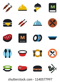 Color and black flat icon set - spoon and fork vector, dish, cafe, menu, plates, waiter, steak, kebab, hamburger, bowl, sushi