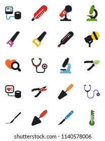 Color and black flat icon set - trowel vector, pruner, saw, stethoscope, blood pressure, thermometer, heart diagnostic, microscope, scalpel, microphone
