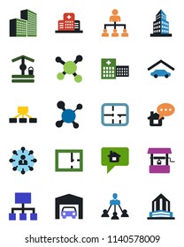 Color and black flat icon set - hierarchy vector, well, molecule, hospital, office building, garage, plan, home message