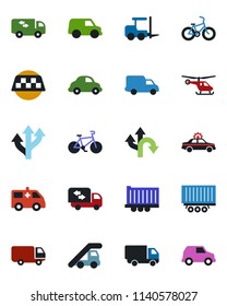 Color and black flat icon set - taxi vector, alarm car, fork loader, ladder, helicopter, ambulance, bike, route, truck trailer, delivery, moving