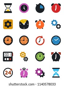 Color and black flat icon set - 24 around vector, alarm clock, settings, stopwatch, gear, sand