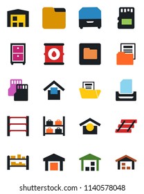 Color and black flat icon set - luggage storage vector, warehouse, oil barrel, rack, sd, folder, document, paper tray, archive box