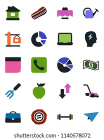 Color and black flat icon set - brainstorm vector, circle chart, stamp, garden fork, watering can, lawn mower, house, barbell, call, data exchange, case, pie graph, blank box, notebook pc, crane
