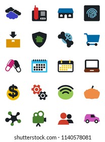 Color and black flat icon set - clouds vector, dollar sign, pumpkin, pills, broken bone, term, package, video camera, laptop pc, radio phone, share, group, wireless, fingerprint id, calendar, gear