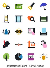 Color and black flat icon set - umbrella vector, plane, ladder, tree, saw, well, heart diagnostic, container, touch screen, eye id, pie graph, meeting, paper tray, sold signboard, crane, gear