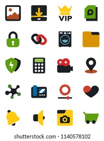 Color and black flat icon set - vip vector, share, chain, heart, gallery, protect, bell, folder, download, brightness, place tag, video, photo, document search, calculator, lock, washer, intercome