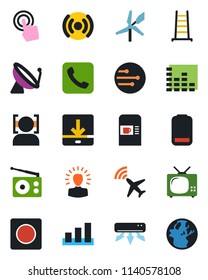 Color and black flat icon set - plane radar vector, satellite antenna, coffee machine, ladder, sorting, radio, equalizer, touch screen, low battery, call, record, network, download, face id, tv