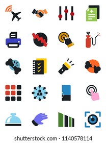 Color and black flat icon set - plane radar vector, reception bell, handshake, hierarchy, crisis graph, printer, glove, garden sprayer, diagnosis, broken bone, sorting, settings, touch screen, menu