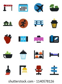 Color and black flat icon set - barrier vector, automatic door, bed, luggage storage, bench, garden light, run, real heart, plane, themes, calendar, house with tree, restaurant table, salad