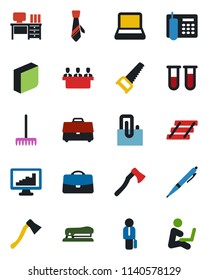 Color and black flat icon set - desk vector, rake, saw, axe, blood test vial, case, monitor statistics, paper clip, office phone, blank box, meeting, tie, tray, notebook pc, manager, pen, stapler