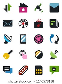 Color and black flat icon set - bomb in case vector, mobile phone, mail, house, shield, satellite antenna, news, network, touch screen, message, update, sim, data exchange, key, hot dog, home