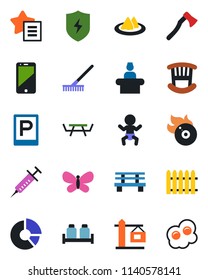 Color and black flat icon set - parking vector, baby, reception, circle chart, fence, rake, butterfly, axe, bench, picnic table, syringe, flame disk, cell phone, favorites list, protect, crane